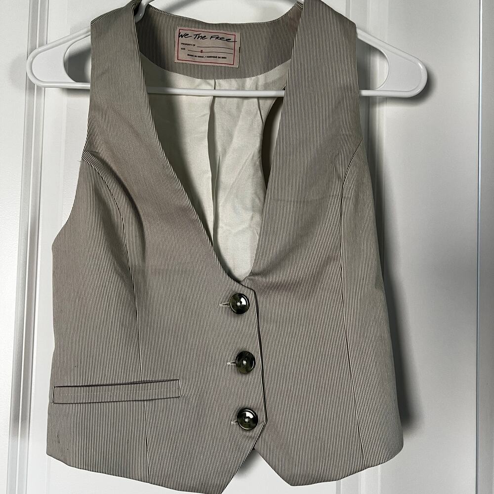 We The Free Pinstripe Vest Waistcoat | Green/Ecru Strip | Sz S